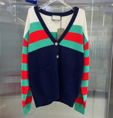 gucci new contrast color striped knitted cardigan