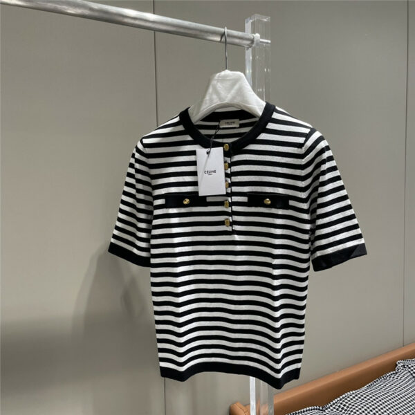 celine color contrast striped knitted short-sleeved top