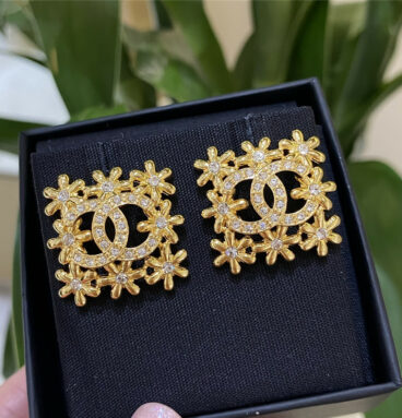 Chanel Square Gold Flower Rhinestone Stud Earrings