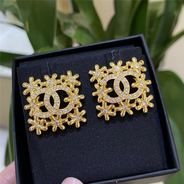 Chanel Square Gold Flower Rhinestone Stud Earrings