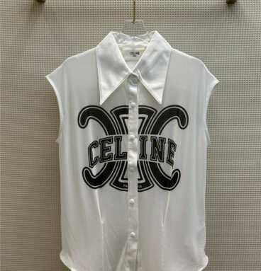 celine Arc de Triomphe print wide shoulder grid design shirt
