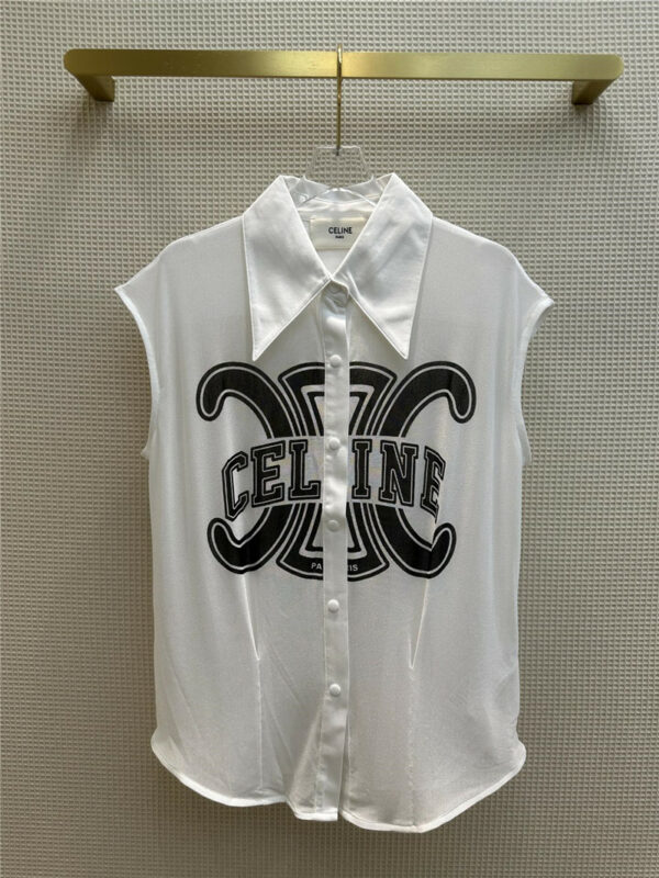 celine Arc de Triomphe print wide shoulder grid design shirt