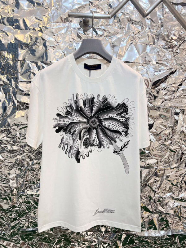 louis vuitton LV black and white floral T-shirt short sleeves