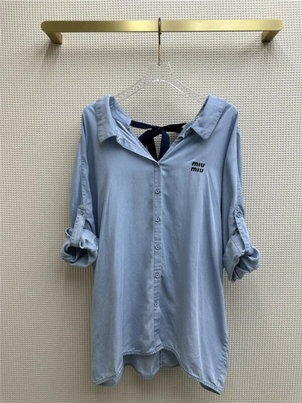 miumiu heavy industry old washed light blue denim shirt