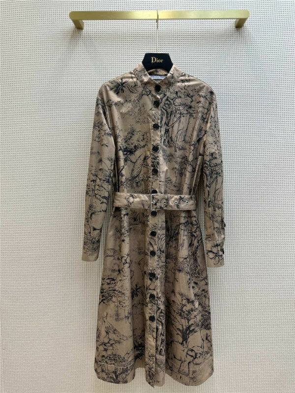 dior stand collar print trench coat