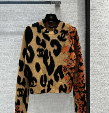 Chanel leopard intarsia round neck mohair cashmere sweater
