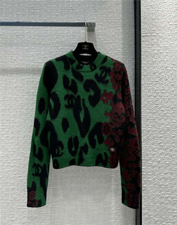 Chanel leopard intarsia round neck mohair cashmere sweater