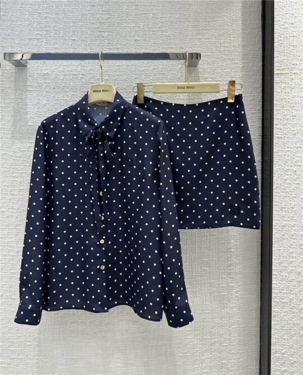 miumiu polka dot printed shirt + straight skirt suit