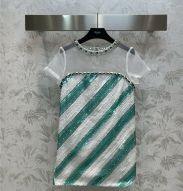Chanel mesh stitching sequin striped dress