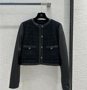 Chanel bright silk plaid black wool leather sleeve jacket coat