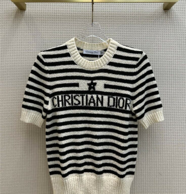 Dior striped knitted short-sleeved small round neck design top