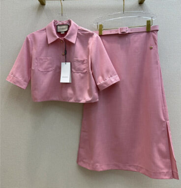 gucci lapel short top + high waist A-line skirt suit