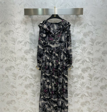 Chanel hooded V-neck print dress