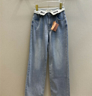 miumiu logo embroidered waist dotted straight-leg jeans