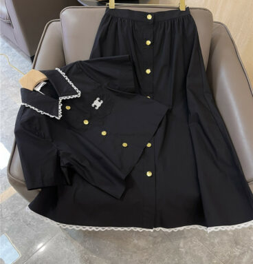celine gold buckle lapel short-sleeved top + skirt suit