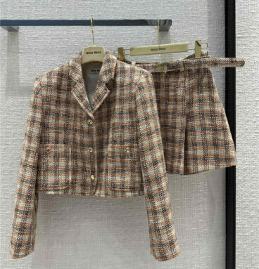 miumiu plaid tweed lapel short jacket + gold buckle belt skirt