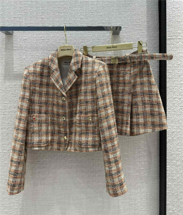 miumiu plaid tweed lapel short jacket + gold buckle belt skirt