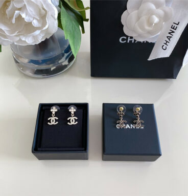 Chanel cross crystal pendant double C earrings