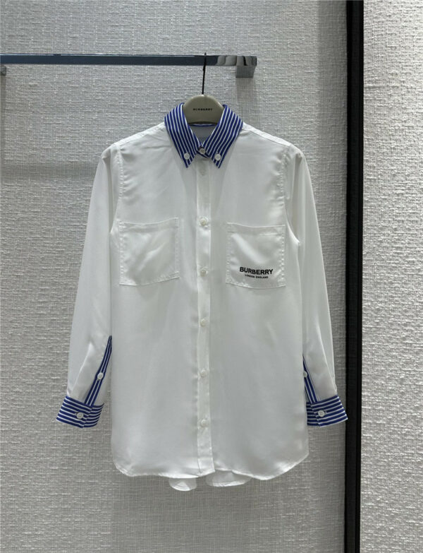 Burberry blue and white striped paneled silk white shirt