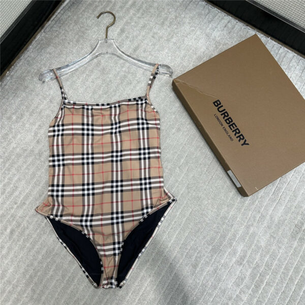 Burberry Brown Wood Check Camisole One-Piece Swimsuit