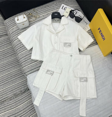fendi jacquard denim short-sleeved top + denim shorts set