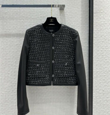 chanel white line plaid black leather sleeve jacket coat