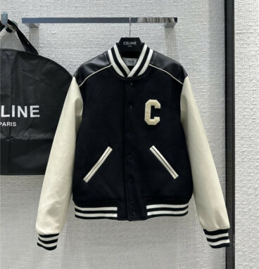celine C standard woolen baseball jacket with leather sleeves