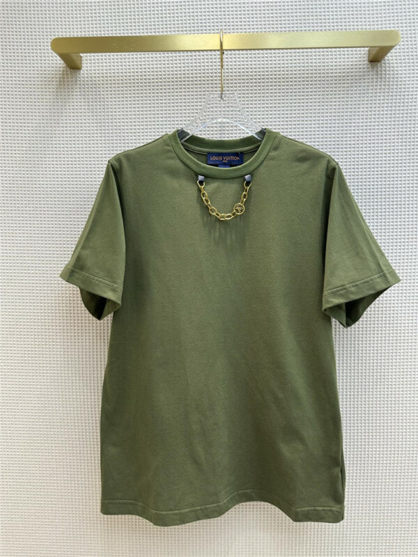louis vuitton LV chain decoration green T-shirt
