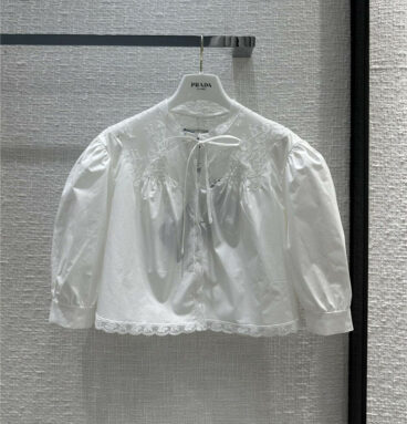 prada court style floral lace stitching white shirt