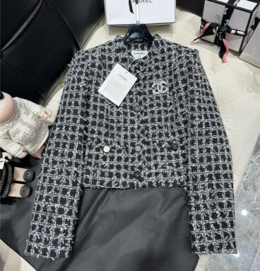Chanel tweed black and white woven coat