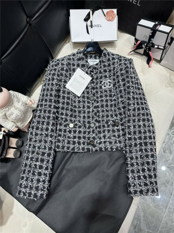 Chanel tweed black and white woven coat