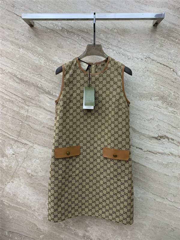 gucci brown GG leather sleeveless dress