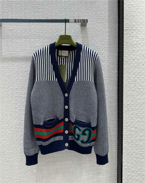 gucci stripe stitching V-neck cardigan jacket