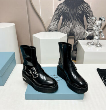 prada round toe double buckle platform ankle boots
