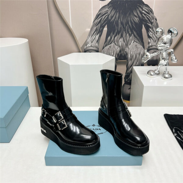prada round toe double buckle platform ankle boots