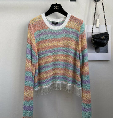 Chanel new color contrast striped round neck knitted pullover