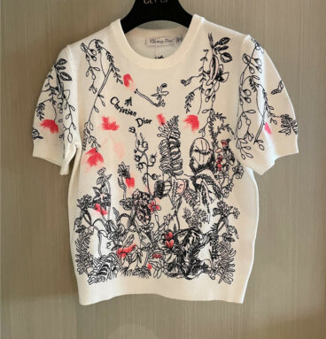 Dior new embroidery floral pattern knitted short sleeves
