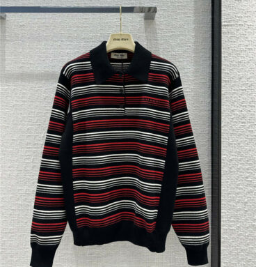 miumiu red, white and black striped inter-color polo sweater