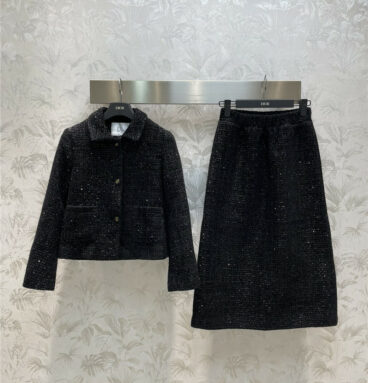 Dior lapel tweed jacket + high waist A-line skirt suit