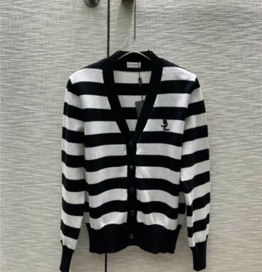 YSL Contrasting Logo Embroidered Striped Knitted Long Sleeves