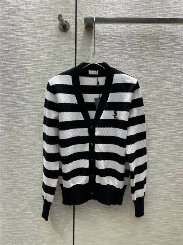 YSL Contrasting Logo Embroidered Striped Knitted Long Sleeves