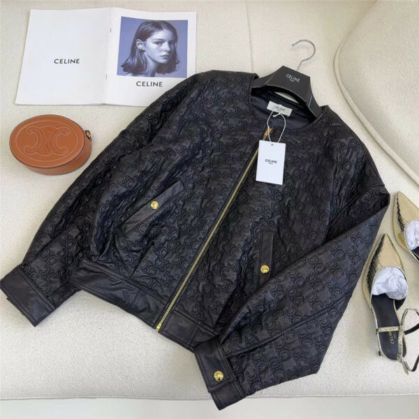 celine embroidered logo bomber jacket in leather
