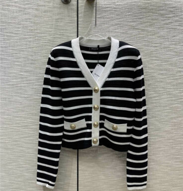 Balmain Striped Contrast V-Neck Knit Cardigan