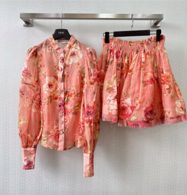 zimm long sleeve floral shirt + elastic waist skirt set