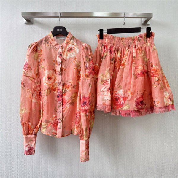 zimm long sleeve floral shirt + elastic waist skirt set