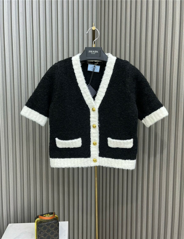 prada short sleeve color contrast knitted cardigan