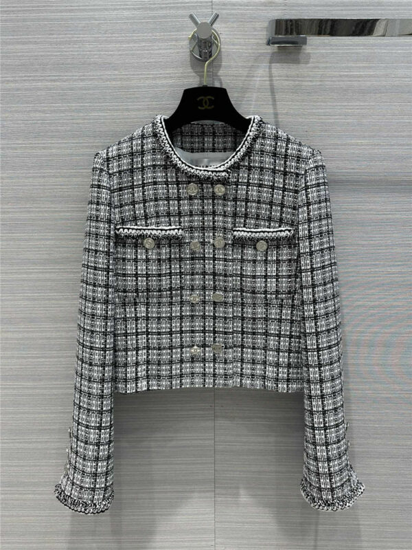 chanel black and white checkered twill soft tweed jacket