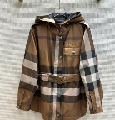Burberry Asymmetric Check Print Hooded Trench Jacket