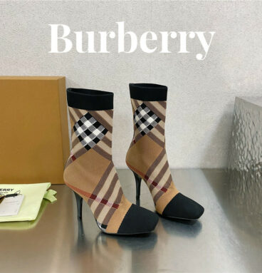 Burberry square-toe stiletto checked stretch-knit sock boots