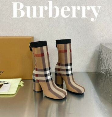 Burberry square-toe stiletto checked stretch-knit sock boots